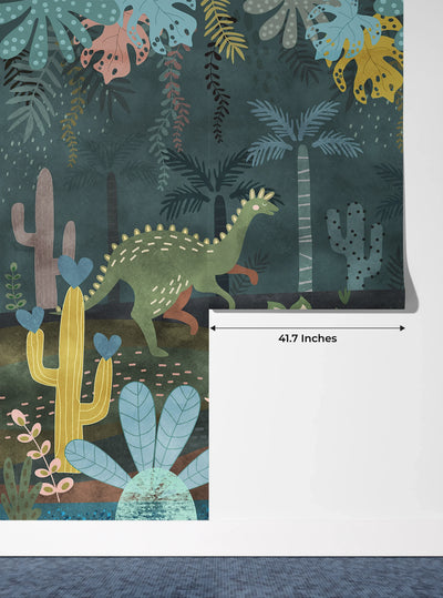 Dino World Wallpaper, Jungle Mural, Oversized Custom Size Wall Art, Non-Woven, Non-Adhesive, Modern Wall Paper, Removable