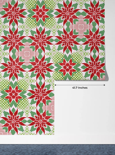 Christmas Poinsettia Wallpaper, Seamless Pattern Mural, Oversized Custom Size Wall Art, Non-Woven, Non-Adhesive, Modern Wall Paper, Removable