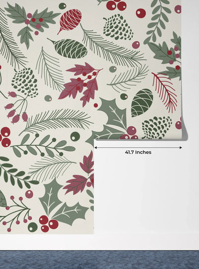 Leaves and Berries Wallpaper, Seamless Pattern Mural, Oversized Custom Size Wall Art, Non-Woven, Non-Adhesive, Modern Wall Paper, Removable