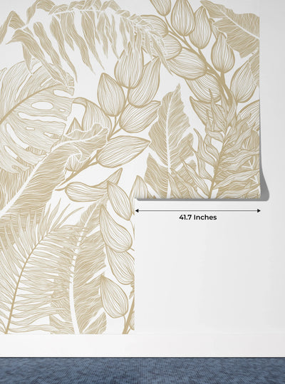 Horizontal Golden Leaves Wallpaper, Seamless Pattern Mural, Oversized Custom Size Wall Art, Non-Woven, Non-Adhesive, Modern Wall Paper, Removable