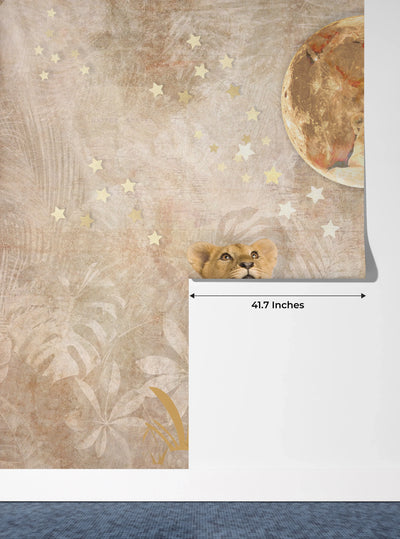 Cute Lion Baby Wallpaper, Gold Moon Mural, Oversized Custom Size Wall Art, Non-Woven, Non-Adhesive, Modern Wall Paper, Removable