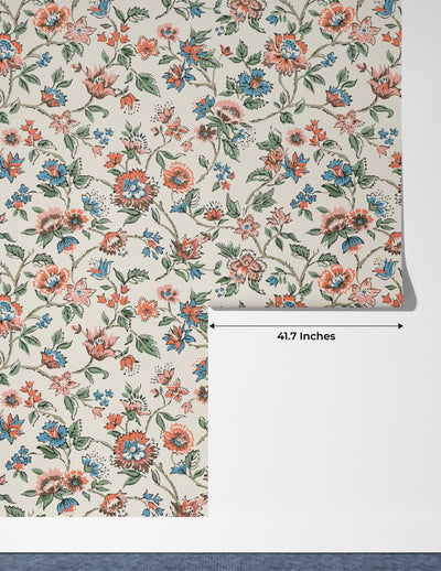 Vintage Flowers Wallpaper, Ethnic Mural, Oversized Custom Size Wall Art, Non-Woven, Non-Adhesive, Modern Wall Paper, Removable
