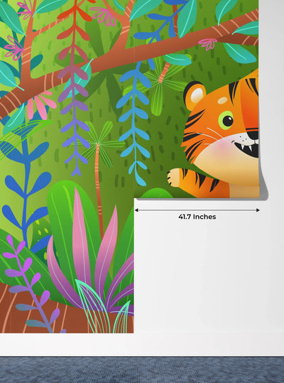 Cute Tiger Wallpaper, Exotic Jungle Mural, Oversized Custom Size Wall Art, Non-Woven, Non-Adhesive, Modern Wall Paper, Removable