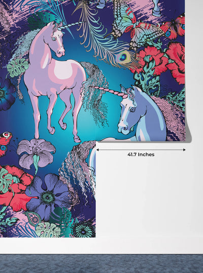 Magic Unicorns Wallpaper, Seamless Pattern Mural, Oversized Custom Size Wall Art, Non-Woven, Non-Adhesive, Modern Wall Paper, Removable