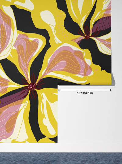 Abstract Yellow Flowers Wallpaper, Seamless Pattern Mural, Oversized Custom Size Wall Art, Non-Woven, Non-Adhesive, Modern Wall Paper, Removable