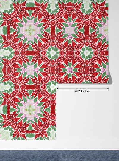 Christmas Poinsettia Retro Wallpaper, Seamless Pattern Mural, Oversized Custom Size Wall Art, Non-Woven, Non-Adhesive, Modern Wall Paper, Removable