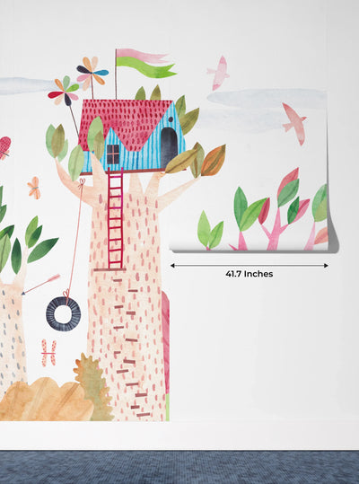 Cute Tree Houses Wallpaper, Playground Mural, Oversized Custom Size Wall Art, Non-Woven, Non-Adhesive, Modern Wall Paper, Removable