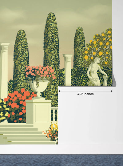 Flower Beds Wallpaper, Terrace in the Park Mural, Oversized Custom Size Wall Art, Non-Woven, Non-Adhesive, Modern Wall Paper, Removable