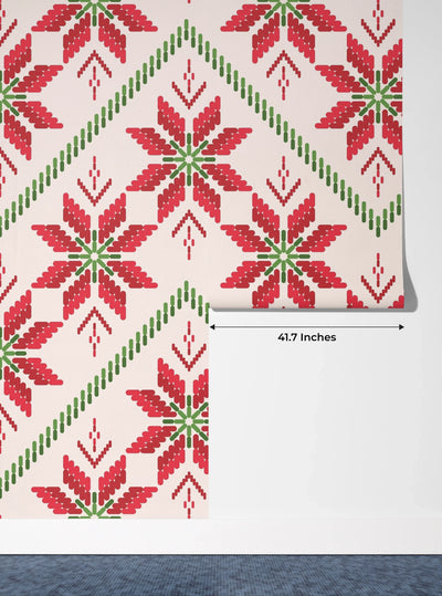 Christmas Ikat Wallpaper, Seamless Pattern Mural, Oversized Custom Size Wall Art, Non-Woven, Non-Adhesive, Modern Wall Paper, Removable