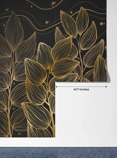 Exotic Golden Leaves Wallpaper, Seamless Pattern Mural, Oversized Custom Size Wall Art, Non-Woven, Non-Adhesive, Modern Wall Paper, Removable