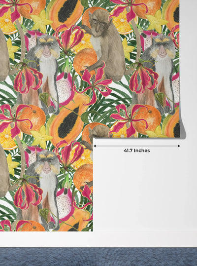 Cute Monkey, Exotic Fruits Wallpaper, Seamless Pattern Mural, Oversized Custom Size Wall Art, Non-Woven, Non-Adhesive, Modern Wall Paper, Removable