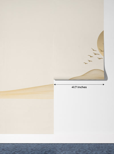 Abstract Gold Landscape Wallpaper, Mountain and Birds Mural, Oversized Custom Size Wall Art, Non-Woven, Non-Adhesive, Modern Wall Paper, Removable