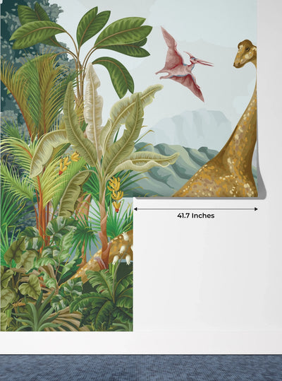 Dino World Wallpaper, Palms Mural, Oversized Custom Size Wall Art, Non-Woven, Non-Adhesive, Modern Wall Paper, Removable