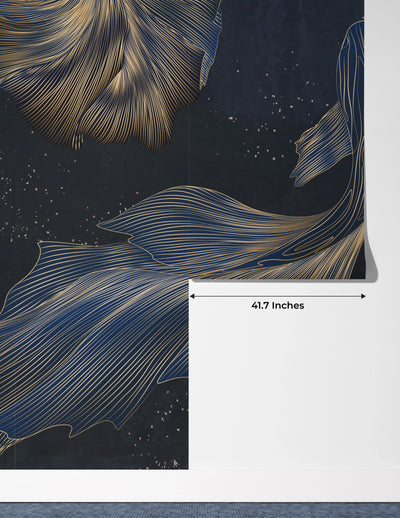 Koi Fish Wallpaper, Golden Line Style Wall Mural, Oversized Custom Size Wall Art, Non-Woven, Non-Adhesive, Modern Wall Paper, Removable