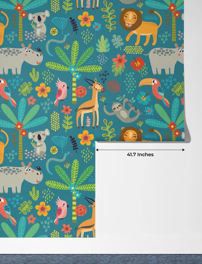 Tropical Animals Wallpaper, Green Background Mural, Oversized Custom Size Wall Art, Non-Woven, Non-Adhesive, Modern Wall Paper, Removable