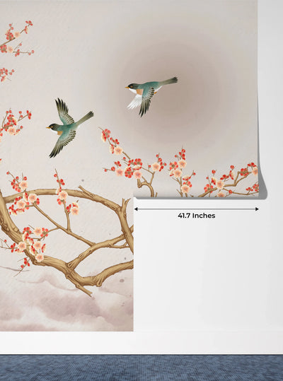 Chinoiserie Wallpaper, Tree and Birds Mural, Oversized Custom Size Wall Art, Non-Woven, Non-Adhesive, Modern Wall Paper, Removable
