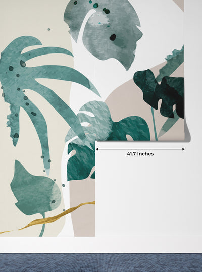 Abstract Art Gold Wallpaper, Tropical Leaves Mural, Oversized Custom Size Wall Art, Non-Woven, Non-Adhesive, Modern Wall Paper, Removable