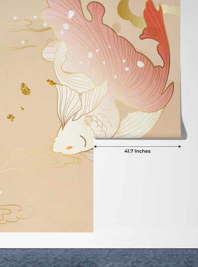 Chinese Goldfish Wallpaper, Luxury Gold Style Mural, Oversized Custom Size Wall Art, Non-Woven, Non-Adhesive, Modern Wall Paper, Removable