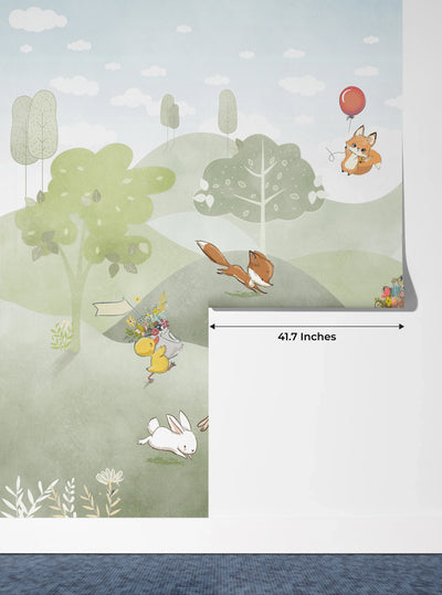 Cute Animals Wallpaper, Woodland Summer Mural, Oversized Custom Size Wall Art, Non-Woven, Non-Adhesive, Modern Wall Paper, Removable