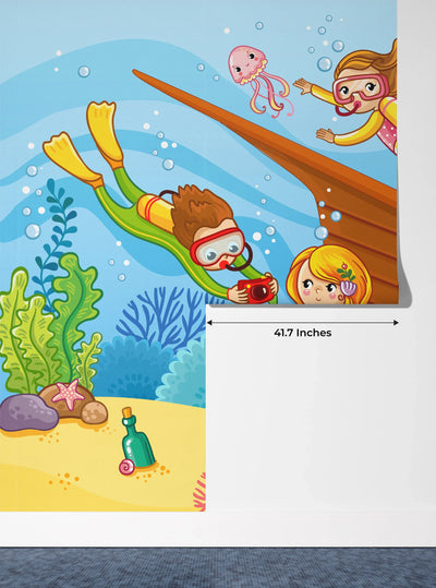 Children Swim Wallpaper, Mermaids Mural, Oversized Custom Size Wall Art, Non-Woven, Non-Adhesive, Modern Wall Paper, Removable