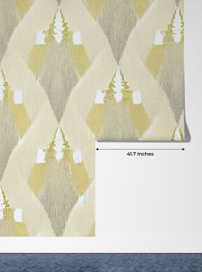 Ethnic Ikat Wallpaper, Yellow Boho Mural, Oversized Custom Size Wall Art, Non-Woven, Non-Adhesive, Modern Wall Paper, Removable