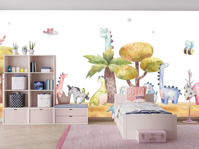 Colorful Dinosaurs, Trees Wallpaper, Seamless Pattern Mural, Oversized Custom Size Wall Art, Non-Woven, Non-Adhesive, Modern Wall Paper, Removable