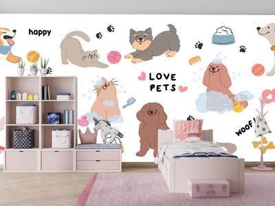 Cute Pet Doodle Wallpaper, Cats and Dogs Mural, Oversized Custom Size Wall Art, Non-Woven, Non-Adhesive, Modern Wall Paper, Removable