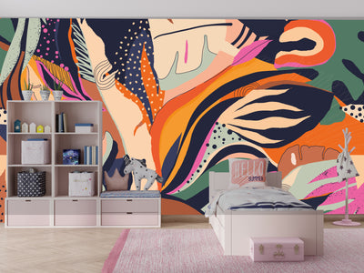 Exotic Jungle Plants Wallpaper, Abstract Mural, Oversized Custom Size Wall Art, Non-Woven, Non-Adhesive, Modern Wall Paper, Removable