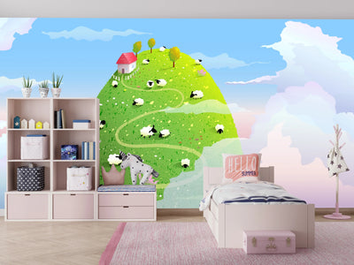 Green Hill Wallpaper, Sheep Mural, Oversized Custom Size Wall Art, Non-Woven, Non-Adhesive, Modern Wall Paper, Removable