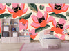 Red and Pink Floral, Kittens Wallpaper, Seamless Pattern Mural, Oversized Custom Size Wall Art, Non-Woven, Non-Adhesive, Modern Wall Paper, Removable
