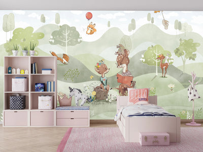 Cute Animals Wallpaper, Woodland Summer Mural, Oversized Custom Size Wall Art, Non-Woven, Non-Adhesive, Modern Wall Paper, Removable