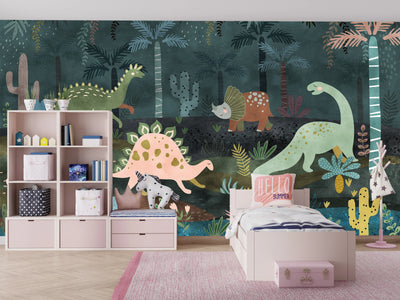 Dino World Wallpaper, Jungle Mural, Oversized Custom Size Wall Art, Non-Woven, Non-Adhesive, Modern Wall Paper, Removable