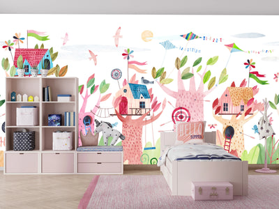 Cute Tree Houses Wallpaper, Playground Mural, Oversized Custom Size Wall Art, Non-Woven, Non-Adhesive, Modern Wall Paper, Removable