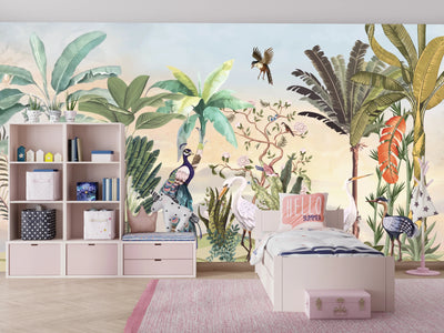 Chinoiserie Style Wallpaper, Birds, Plants Mural, Oversized Custom Size Wall Art, Non-Woven, Non-Adhesive, Modern Wall Paper, Removable