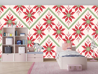 Christmas Ikat Wallpaper, Seamless Pattern Mural, Oversized Custom Size Wall Art, Non-Woven, Non-Adhesive, Modern Wall Paper, Removable