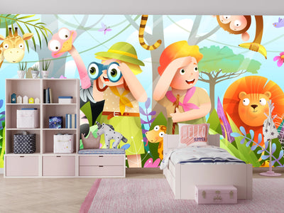 Children Wallpaper, Jungle Animals Mural, Oversized Custom Size Wall Art, Non-Woven, Non-Adhesive, Modern Wall Paper, Removable