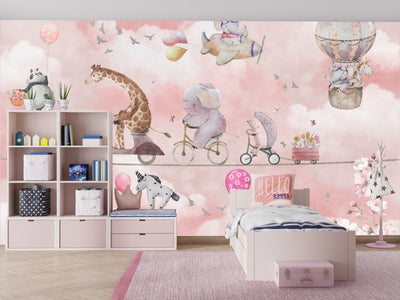 Cycling Animals with Balloons Wallpaper, Watercolor Mural, Oversized Custom Size Wall Art, Non-Woven, Non-Adhesive, Modern Wall Paper, Removable