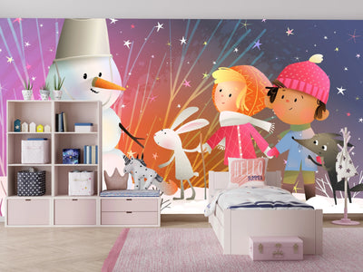 Children and Animals Wallpaper, Build a Snowman Mural, Oversized Custom Size Wall Art, Non-Woven, Non-Adhesive, Modern Wall Paper, Removable