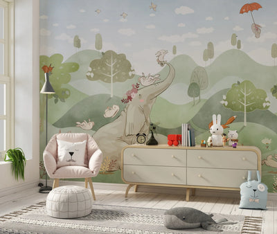 Forest Animals Wallpaper, Woodland Summer Mural, Oversized Custom Size Wall Art, Non-Woven, Non-Adhesive, Modern Wall Paper, Removable