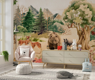 Forest Animals, Trees Wallpaper, Watercolor Mural, Oversized Custom Size Wall Art, Non-Woven, Non-Adhesive, Modern Wall Paper, Removable