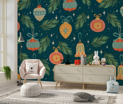 Christmas Decorations Wallpaper, Seamless Pattern Mural, Oversized Custom Size Wall Art, Non-Woven, Non-Adhesive, Modern Wall Paper, Removable