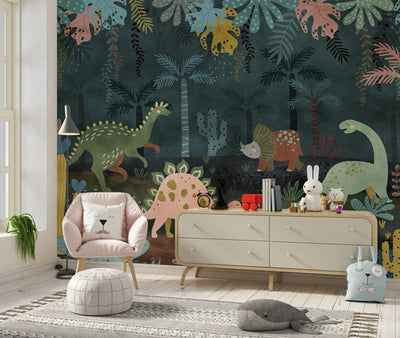 Dino World Wallpaper, Jungle Mural, Oversized Custom Size Wall Art, Non-Woven, Non-Adhesive, Modern Wall Paper, Removable