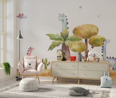 Colorful Dinosaurs, Trees Wallpaper, Seamless Pattern Mural, Oversized Custom Size Wall Art, Non-Woven, Non-Adhesive, Modern Wall Paper, Removable