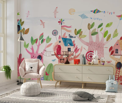 Cute Tree Houses Wallpaper, Playground Mural, Oversized Custom Size Wall Art, Non-Woven, Non-Adhesive, Modern Wall Paper, Removable