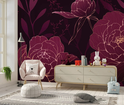 Burgundy Peonies Wallpaper, Luxury Mural, Oversized Custom Size Wall Art, Non-Woven, Non-Adhesive, Modern Wall Paper, Removable