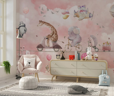 Cycling Animals with Balloons Wallpaper, Watercolor Mural, Oversized Custom Size Wall Art, Non-Woven, Non-Adhesive, Modern Wall Paper, Removable