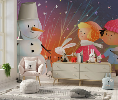 Children and Animals Wallpaper, Build a Snowman Mural, Oversized Custom Size Wall Art, Non-Woven, Non-Adhesive, Modern Wall Paper, Removable