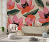 Red and Pink Floral, Kittens Wallpaper, Seamless Pattern Mural, Oversized Custom Size Wall Art, Non-Woven, Non-Adhesive, Modern Wall Paper, Removable