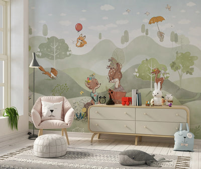 Cute Animals Wallpaper, Woodland Summer Mural, Oversized Custom Size Wall Art, Non-Woven, Non-Adhesive, Modern Wall Paper, Removable
