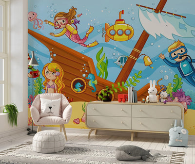 Children Swim Wallpaper, Mermaids Mural, Oversized Custom Size Wall Art, Non-Woven, Non-Adhesive, Modern Wall Paper, Removable